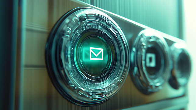 Futuristic interface closeup glowing email icon on a metallic button.  Scifi aesthetic ideal for technology, communication, or digital concepts.