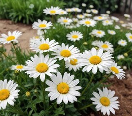Fresh white and yellow daisy flowers blooming in the garden, spring, serene, flowers, daisy
