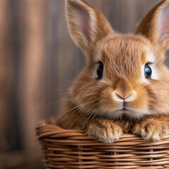 Obraz premium Cute brown bunny resting in a wicker basket during Easter celebrations in a cozy indoor setting