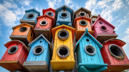 Fototapeta premium Stacked Colorful Birdhouses Against Blue Sky