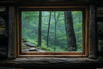 Wooden Window Framing A Misty Forest Scene