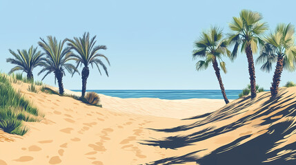Sandy dunes at maspalomas beach in gran canaria, sand, dunes, desert, gran canaria, maspalomas, beach, canary islands. Tranquil Beach Horizon. Illustration