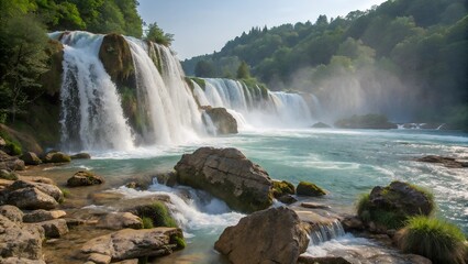 Fototapeta premium This captivating image showcases a series of powerful waterfalls cascading down rocky ledges into a crystal-clear, turquoise poo