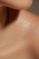 Fototapeta premium Close up detail beauty female woman shoulder and neck part portrait hydrating care face with moisturizing skin serum cosmetic product.