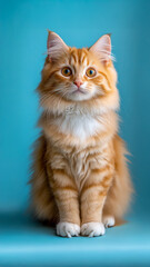 A ginger cat wearing a white bib, set against a blue background, creating a charming and playful composition.