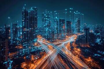 Neon cityscape illuminated by vibrant lights, showcasing dynamic