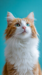 Fototapeta premium A ginger cat wearing a white bib, set against a blue background, creating a charming and playful composition.
