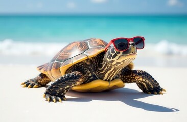 Banner for a travel company with a turtle in sunglasses relaxing on the beach with ocean view