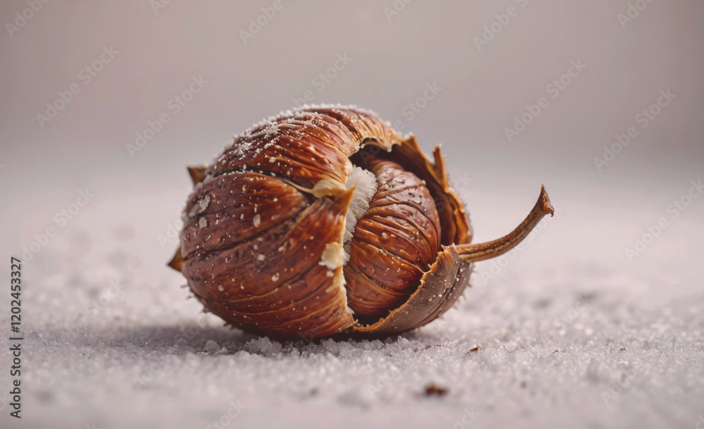 Aufkleber A nut is sitting on a white surface with a sprinkle of sugar on it. The nut is open and has a leaf sticking out of it. The image has a simple and natural feel to it, with the nut and leaf being the