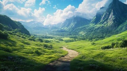 Lush green valley surrounded by majestic mountains under bright