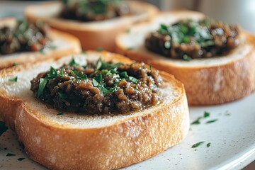 Savory toast topped with rich, aromatic spread and fresh herbs f