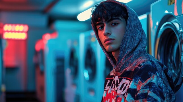 Urban laundromat scene with vibrant neon lights and contemplativ