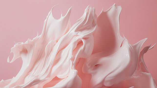 A soft pink cream splash swirls elegantly on a pastel pink background, creating a smooth, luxurious, dreamy cosmetic-inspired visual effect.