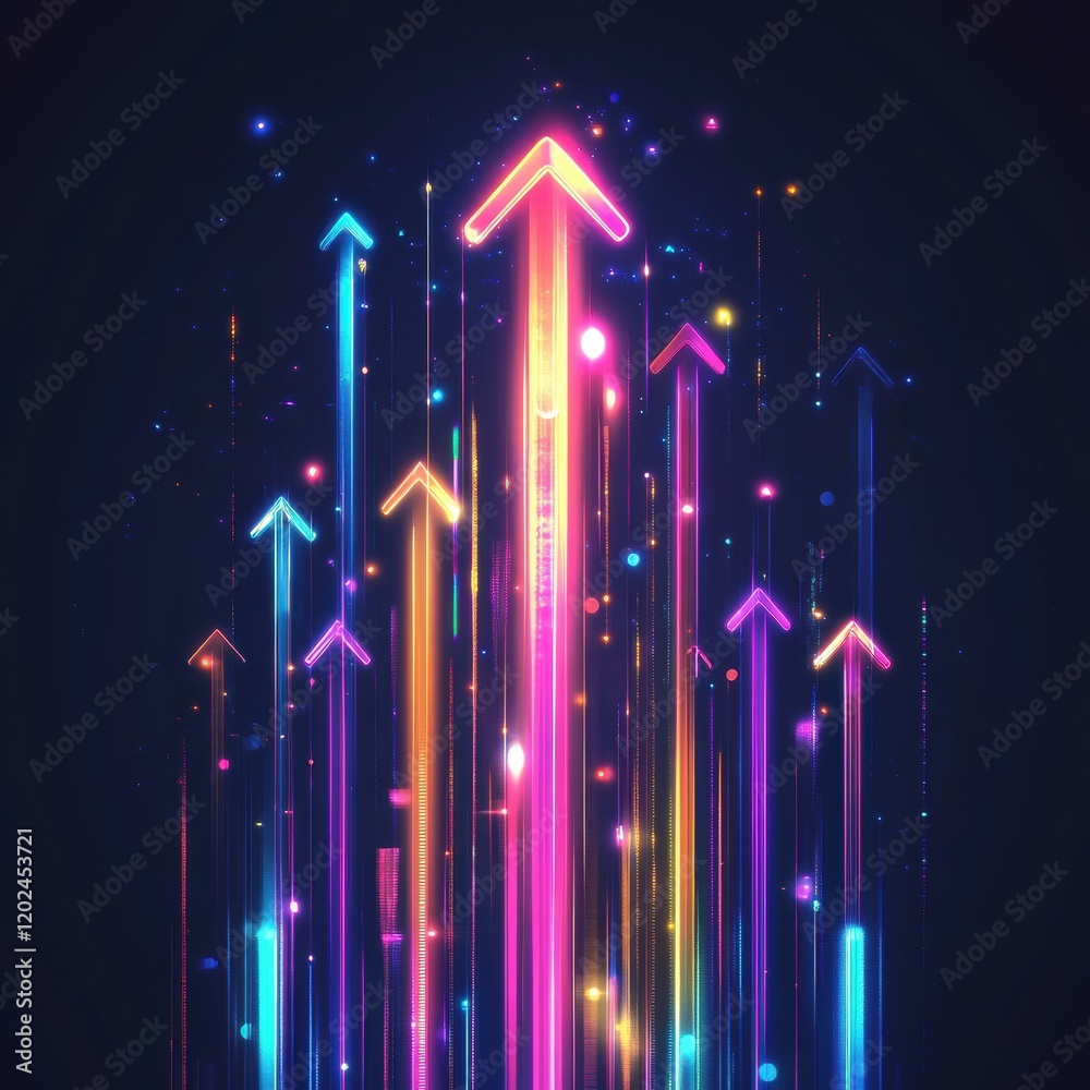 Leinwandbilder Colorful neon arrows pointing upward in a vibrant abstract design with glowing effects and dynamic motion elements. Generative AI