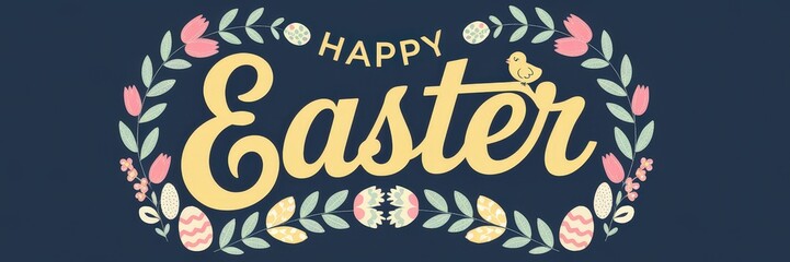 Obraz premium Happy Easter with Chick and Spring Florals