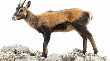 A young Himalayan tahr standing on rocks against a white background.