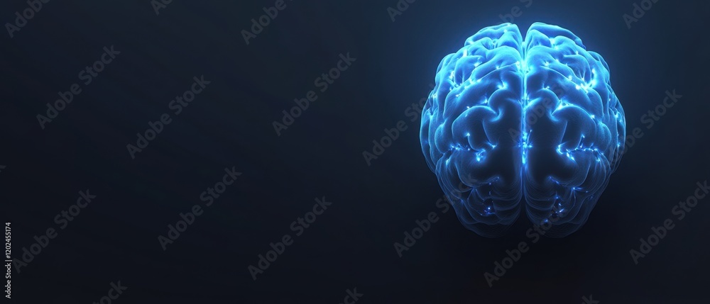 Poster abstract background with a brain made of glowing connections on a blue background, a concept for art