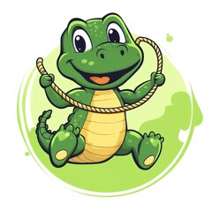 Fototapeta premium Happy crocodile playing jump rope on green background, kids illustration