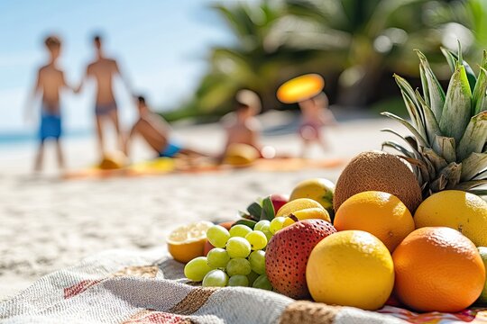 Bright tropical fruits arranged on beach blanket with playful ch
