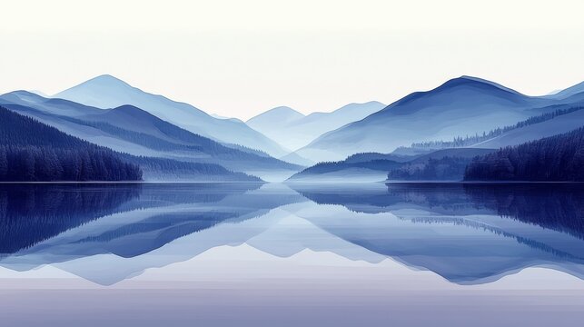 A dreamlike, surreal landscape with purple hills mirrored in glossy dark water, fostering a sense of calm and mystery