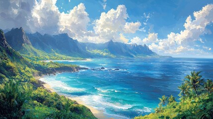 Surreal capture of the windward coast of Oahu: dreamlike landscapes, vibrant colors, and ethereal skies blends with lush green mountains and turquoise waters. Windshard. Illustration