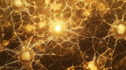 Intricate network of neurons glowing golden, resembling a complex web of interconnected nodes.  The warm, rich tones create a sense of wonder and mystery.