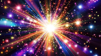 Fototapeta premium Vibrant burst of light and color, radiating energy and wonder. A dazzling display of multicolored rays and sparkling stars.