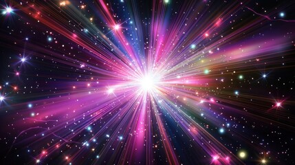 Naklejka premium Vibrant cosmic explosion radiating dazzling light and color across a dark, star-studded expanse. A mesmerizing display of energy and brilliance.