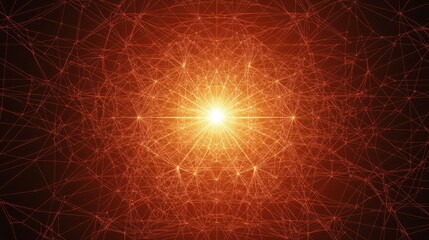 Intricate network of glowing lines converging towards a bright central point, creating a mesmerizing abstract image. Warm, fiery hues dominate the scene.