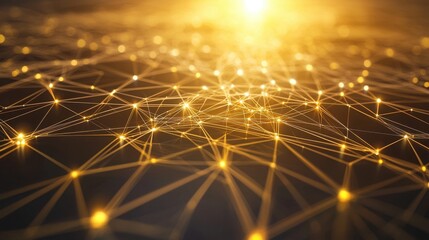Golden network connection, abstract background.  Illuminated nodes and lines create a futuristic, connected world concept.