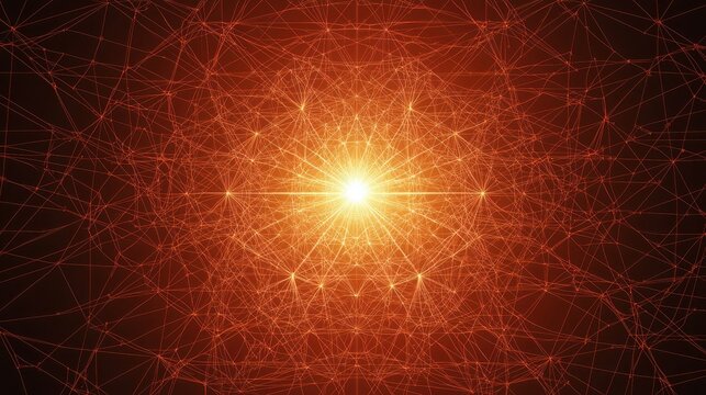 Intricate network of glowing lines converging towards a bright central point, creating a mesmerizing abstract image. Warm, fiery hues dominate the scene.