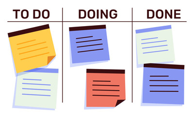 Task management, kanban board for planning and tracking work process. Doing, done, columns with notes for business. © Anastasiia