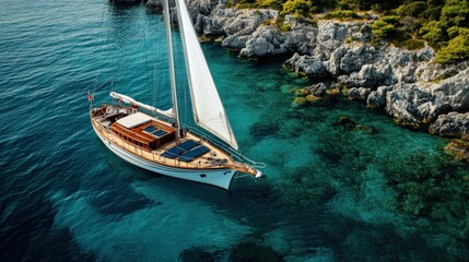 Obraz premium Classic sailboat anchored in crystal-clear turquoise water near a rocky coast.