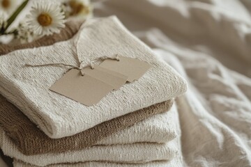 Soft towels stacked with elegant tags, surrounded by delicate fl