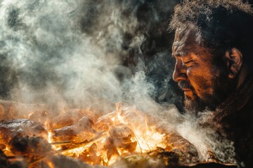 Naklejka premium Intense gaze of man illuminated by flickering firelight and swir