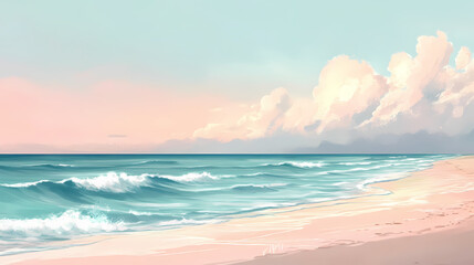 Obraz premium A serene and quiet beach with a soft-hued sky and gentle ocean waves. Tranquil Beach Horizon. Illustration