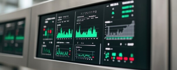 Instrumentation engineering. Digital monitoring screens displaying financial data and analytics.