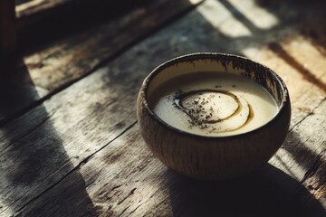 Warm bowl of soup rests on rustic wooden surface, sunlight casti