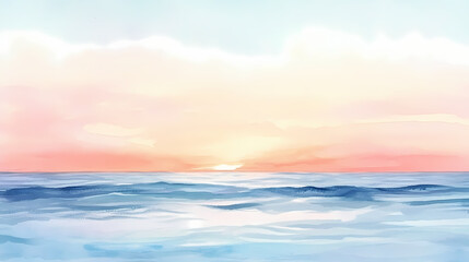 Fototapeta premium A soft watercolor painting of a calm beach at sunset, with pastel colors blending into the horizon. Tranquil Beach Horizon. Illustration