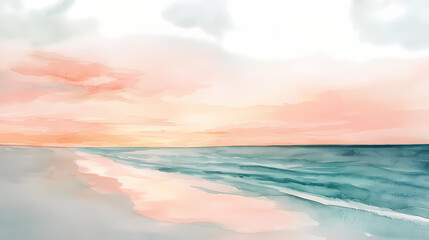 A soft watercolor painting of a calm beach at sunset, with pastel colors blending into the horizon. Tranquil Beach Horizon. Illustration