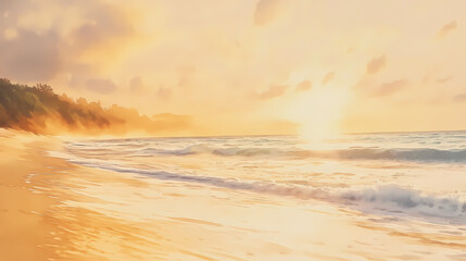 A tranquil beach scene at sunrise, with gentle waves, golden sunlight, and a peaceful atmosphere, watercolor painting. Tranquil Beach Horizon. Illustration
