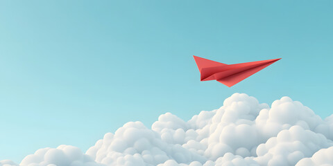 Fototapeta premium Red paper airplane soaring above fluffy clouds in a clear blue sky. A symbol of dreams, freedom, and new beginnings.
