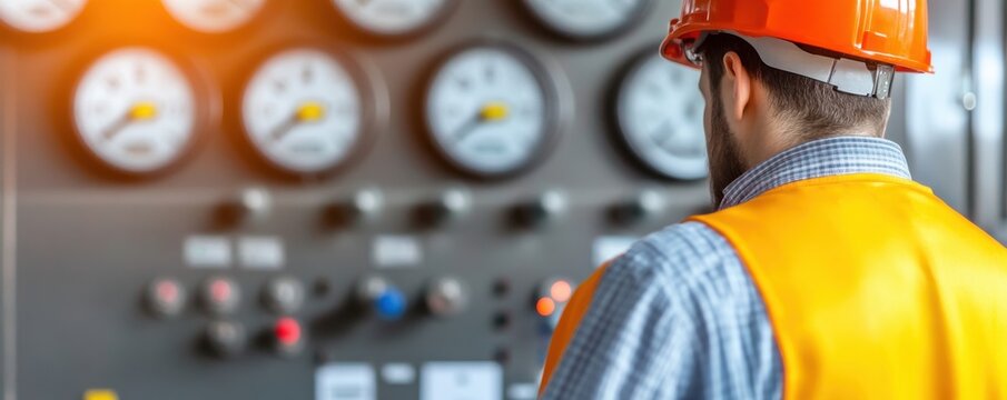 Instrumentation engineering. Worker monitoring machinery controls in safety gear.