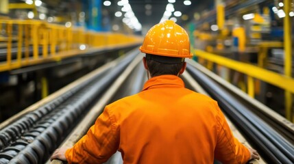Instrumentation engineering. Worker in orange uniform and helmet at an industrial facility.