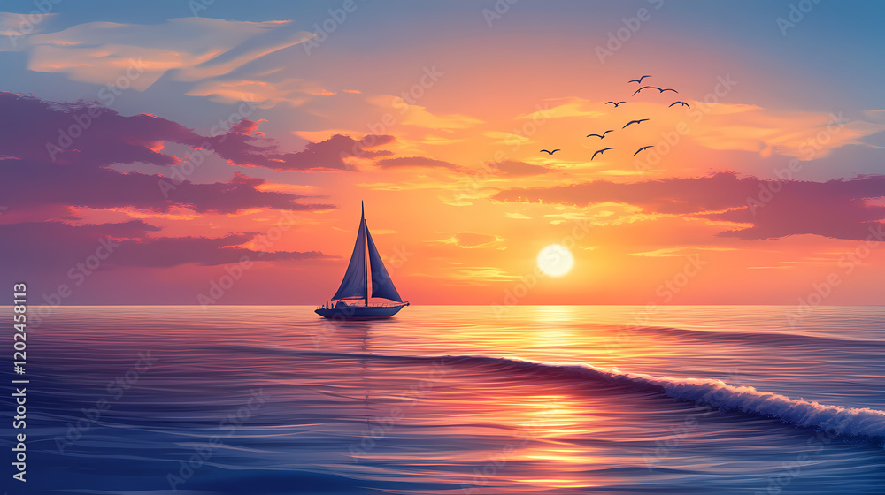 Poster Beautiful ocean sunset beach sea sunrise seascape scenic vacation vertical, sunset beach with birds rin sky and yacht, summer. Tranquil Beach Horizon. Illustration