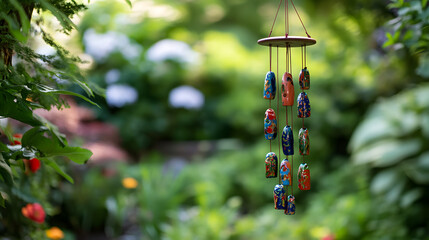 Artistic Hand-Painted Ceramic Wind Chime Surrounded by a Lush Garden