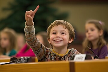Joyful child raises hand eagerly, showcasing excitement and curi