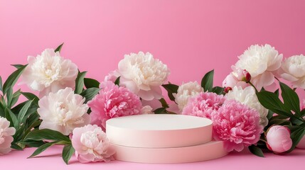 Fototapeta premium Creative composition for product advertising. Empty round podium platform stand for beauty product presentation and beautiful peonies flowers around on pink background. Front view