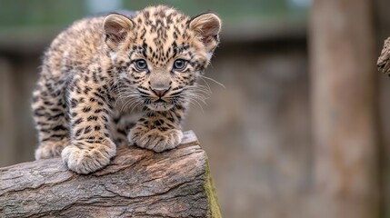 Fototapeta premium Amur leopard cub on log, zoo enclosure, blurry background, wildlife conservation