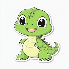 Fototapeta premium Green dinosaur smiling, on white background, sticker effect, ideal for children?s print